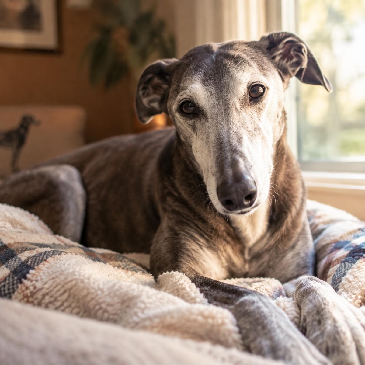 Senior greyhound resting on a blanket by a window