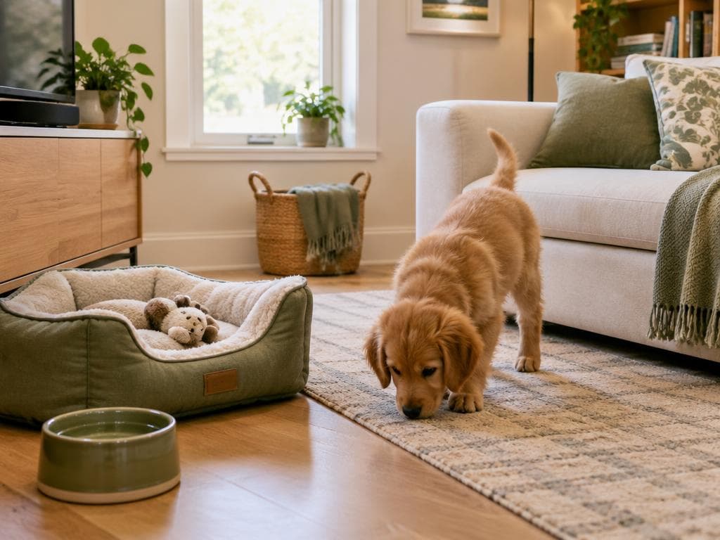 Golden retriever puppy exploring a living room, with its new bed beside it