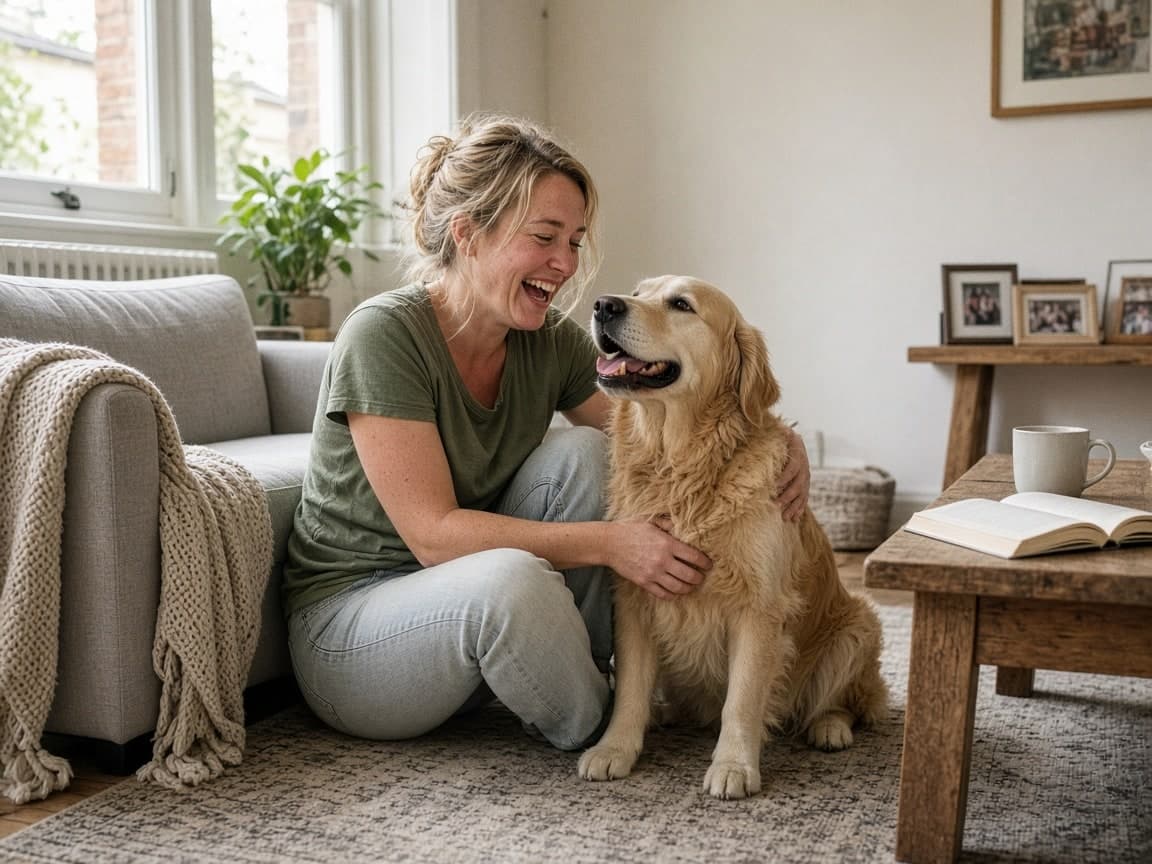 A woman laughing on her living-room floor with her golden retriever leaning against her